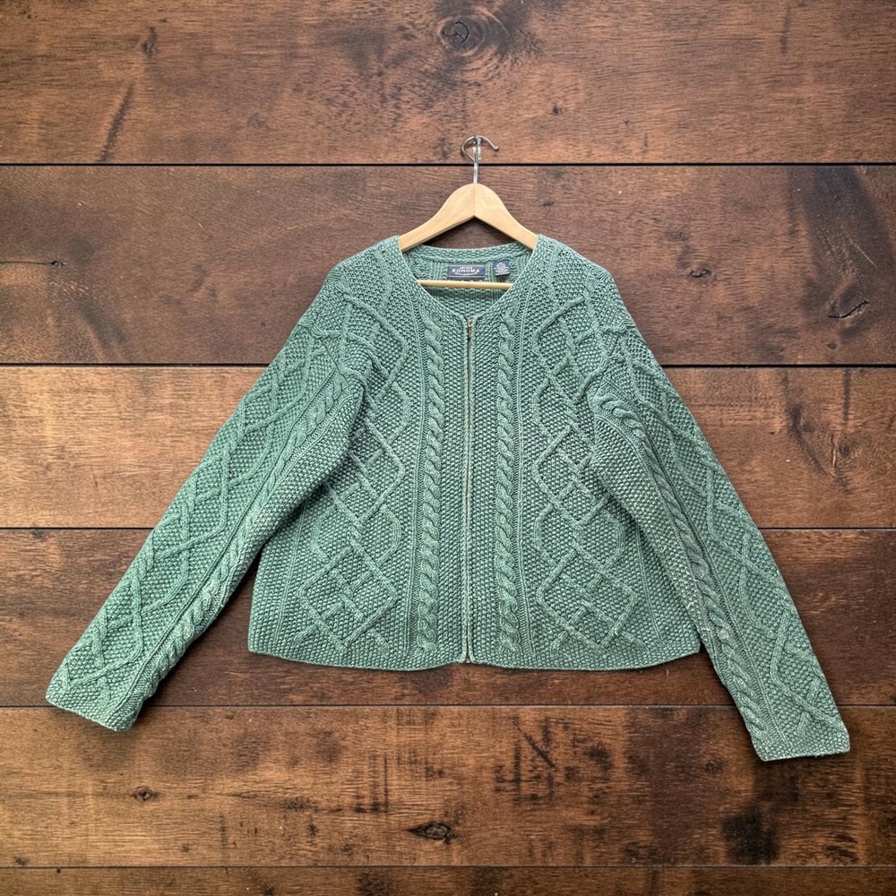 Vintage Aran Cable Knit Full Zip Cardigan Sweater Green Silk Angora Womens XL